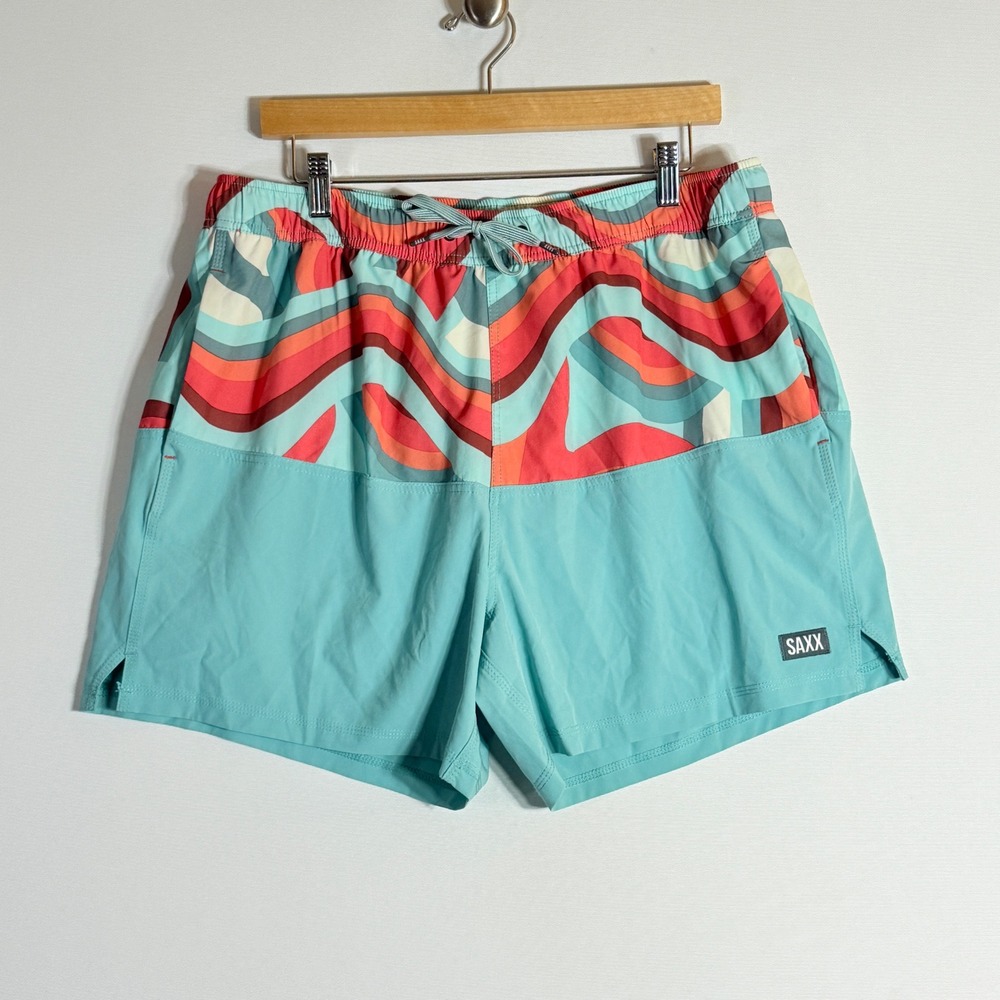Saxx Oh Buoy 2N1 Mens‎ XL Swim Trunks Shorts Blue Coral Droptemp Liner Ball Park